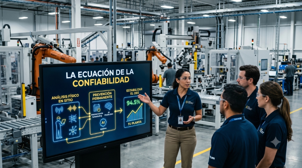Equipo de ingeniería de Badiroq analizando la ecuación de la confiabilidad en una pantalla gigante en planta